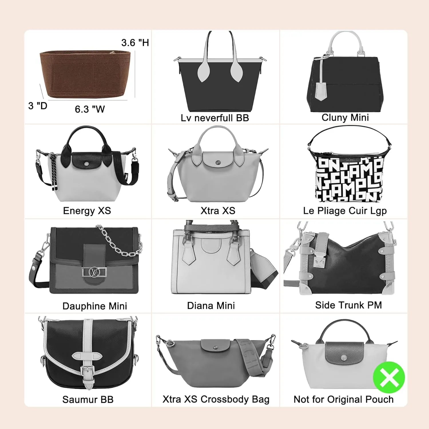Doxo Purse Organizer Insert for Longchamp Mini/XS Handbags/ Neverfull BB,Keeps Le pliage Mini Bags Neat And Shaped (XS/BB,Brown)