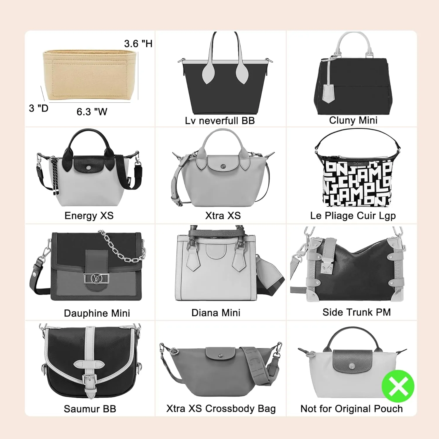 Doxo Purse Organizer Insert for Longchamp Mini/XS Handbags/Neverfull BB,Keeps Le pliage Mini Bags Neat And Shaped (XS/BB,Beige)