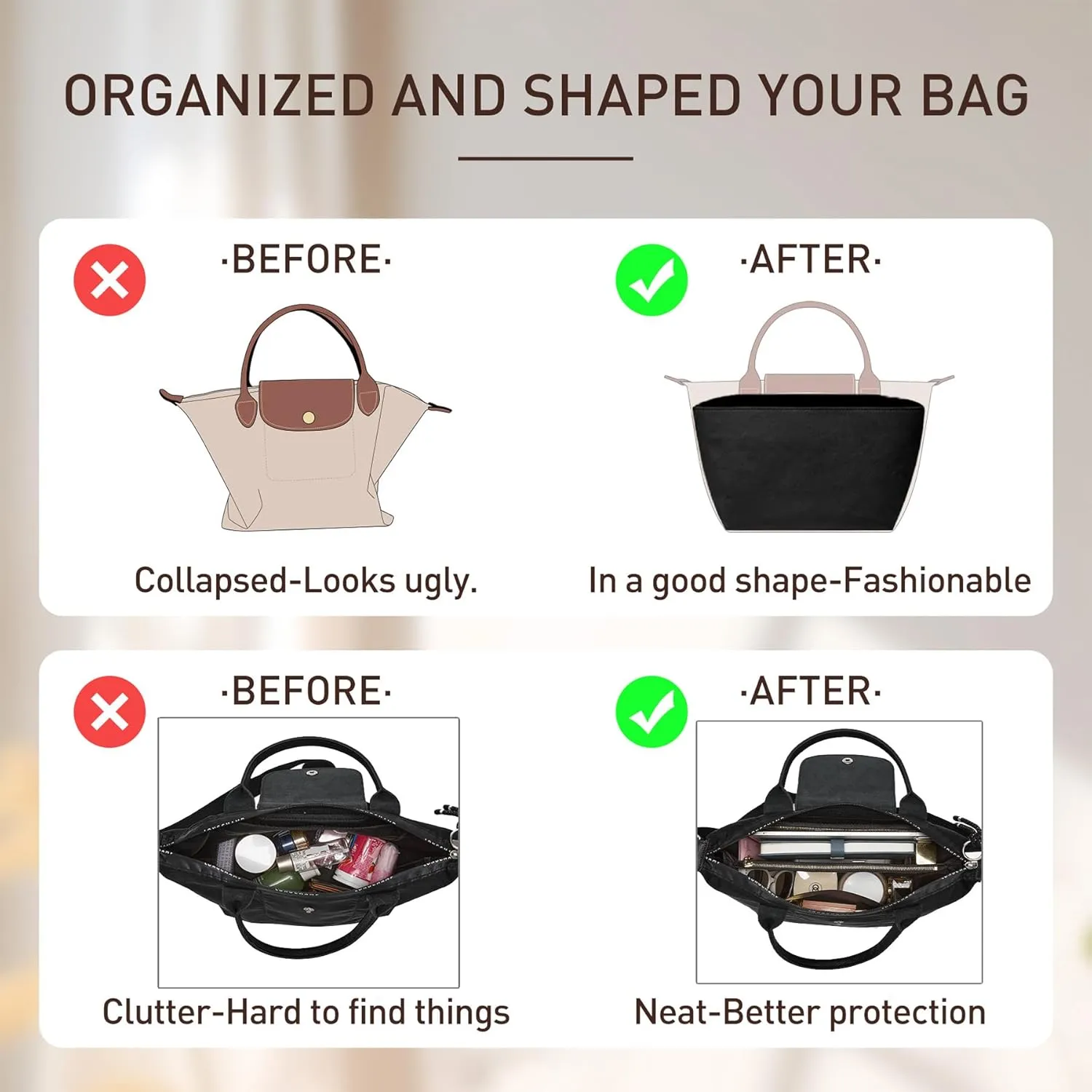 Doxo Tote Bag Organizer Insert Compatible with Long Champ Medium, G.oyard PM, Neverfull MM and More, Light Waterproof DupontPaper le pliage Longchamp Medium Organizer Insert(Full Black, M)