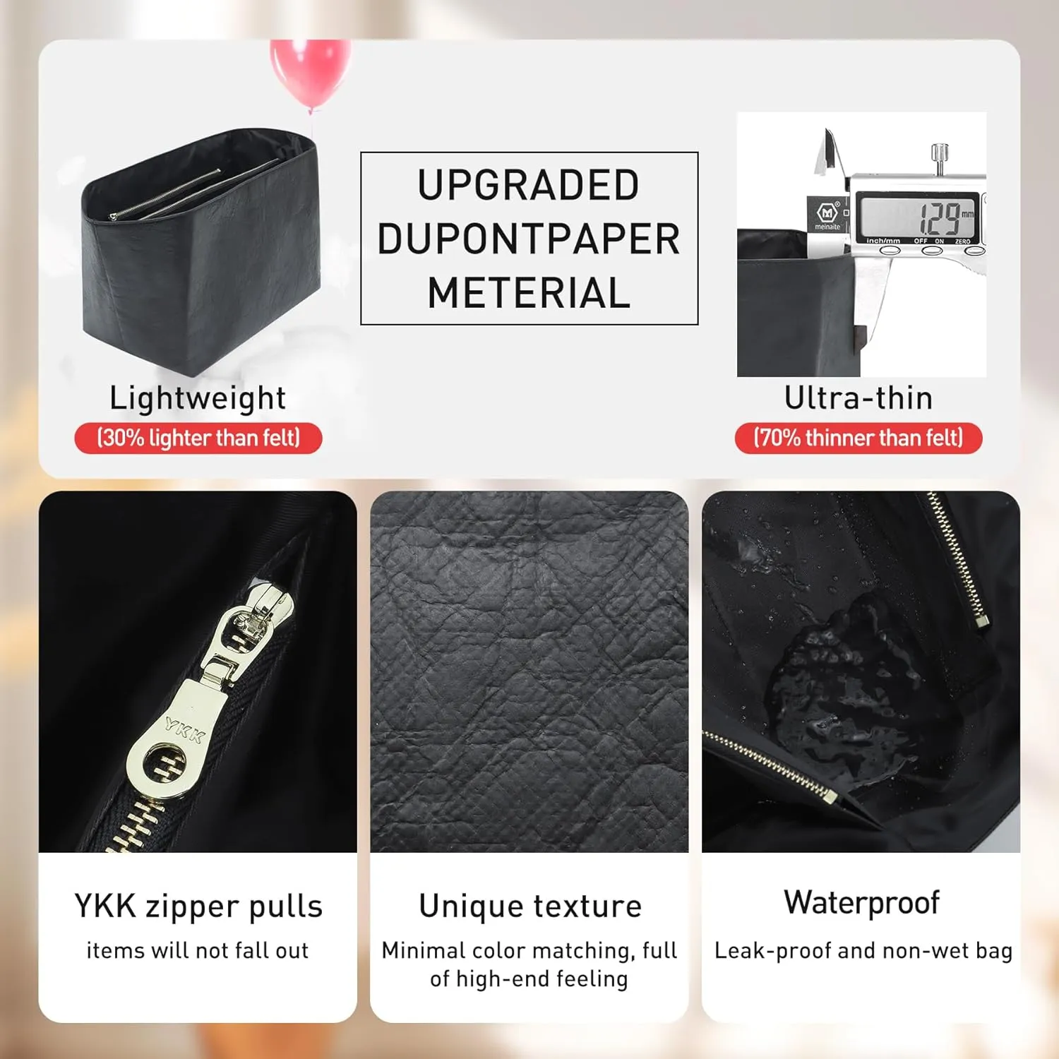 Doxo Tote Bag Organizer Insert Compatible with Long Champ Medium, G.oyard PM, Neverfull MM and More, Light Waterproof DupontPaper le pliage Longchamp Medium Organizer Insert(Full Black, M)