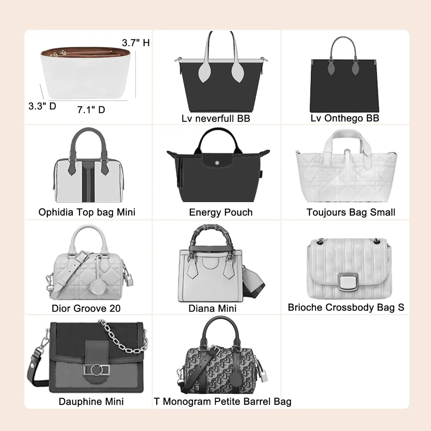 Doxo Upgraded Purse Organizer Insert,Bag Organizer Insert for Lv Neverfull BB/Mini and More, Ultra-lightweigt Waterproof DupontPaper, Keeps Tote Handbags Shaped & Neat (BB,zipper)