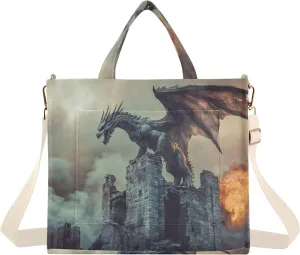 Dragon Castle Roar Corduroy Tote Bag for Women Large Shoulder Bag with Pockets for Beach Work Travel Shopping S