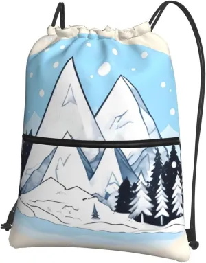 Drawstring Backpack with Zip Pockets, Snow-capped mountains Print String Bag Lightweight Gym Sack, Hiking, Yoga