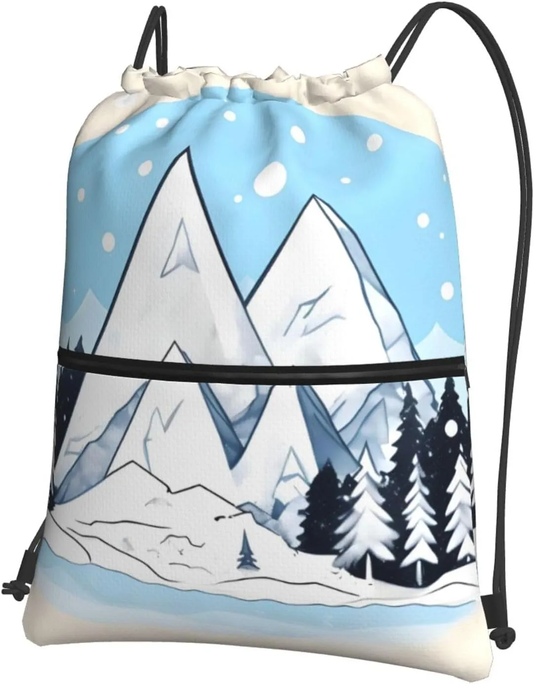 Drawstring Backpack with Zip Pockets, Snow-capped mountains Print String Bag Lightweight Gym Sack, Hiking, Yoga