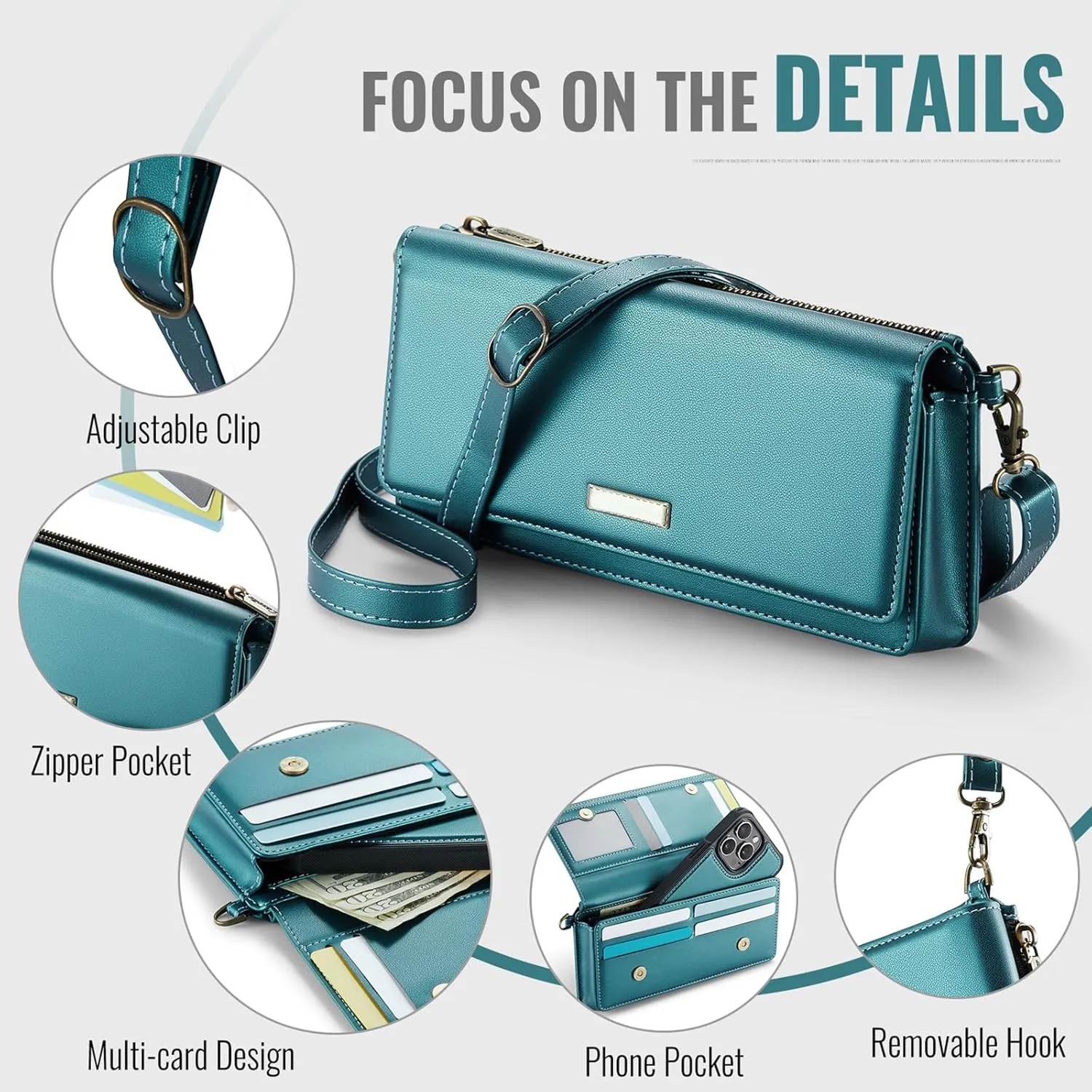 Dteck PU Leather Small Crossbody Bag with Shoulder Strap/Wrist Strap Lanyard for 4.7" to 6.7" Cell Phones, 8 Card Slots, RFID Blocking, Zipper Pocket, Magnetic Snap Closure, Purse for Women, Green