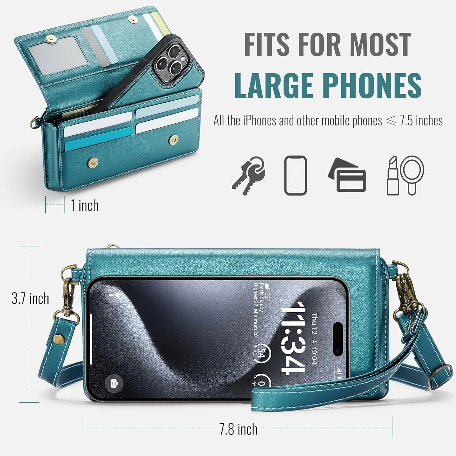 Dteck PU Leather Small Crossbody Bag with Shoulder Strap/Wrist Strap Lanyard for 4.7" to 6.7" Cell Phones, 8 Card Slots, RFID Blocking, Zipper Pocket, Magnetic Snap Closure, Purse for Women, Green