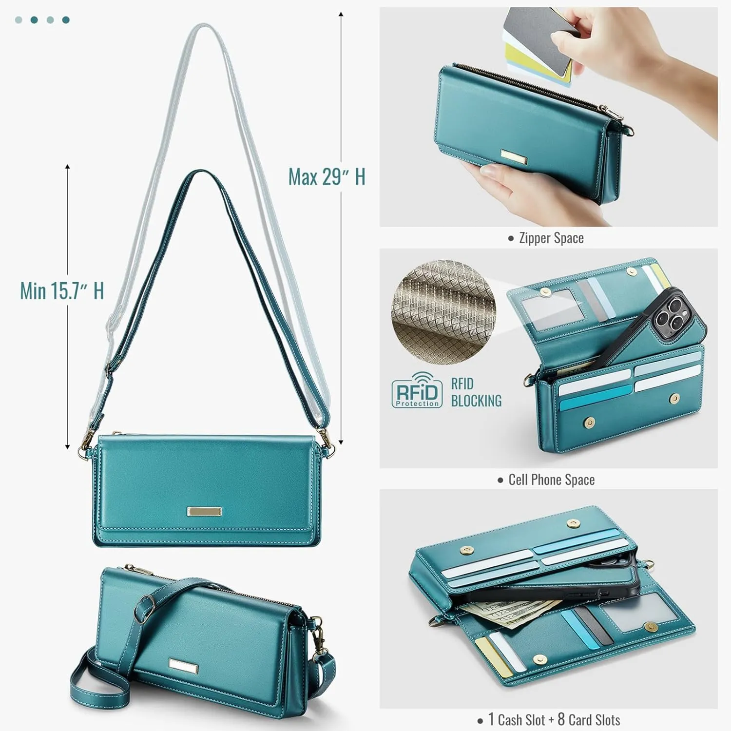 Dteck PU Leather Small Crossbody Bag with Shoulder Strap/Wrist Strap Lanyard for 4.7" to 6.7" Cell Phones, 8 Card Slots, RFID Blocking, Zipper Pocket, Magnetic Snap Closure, Purse for Women, Green