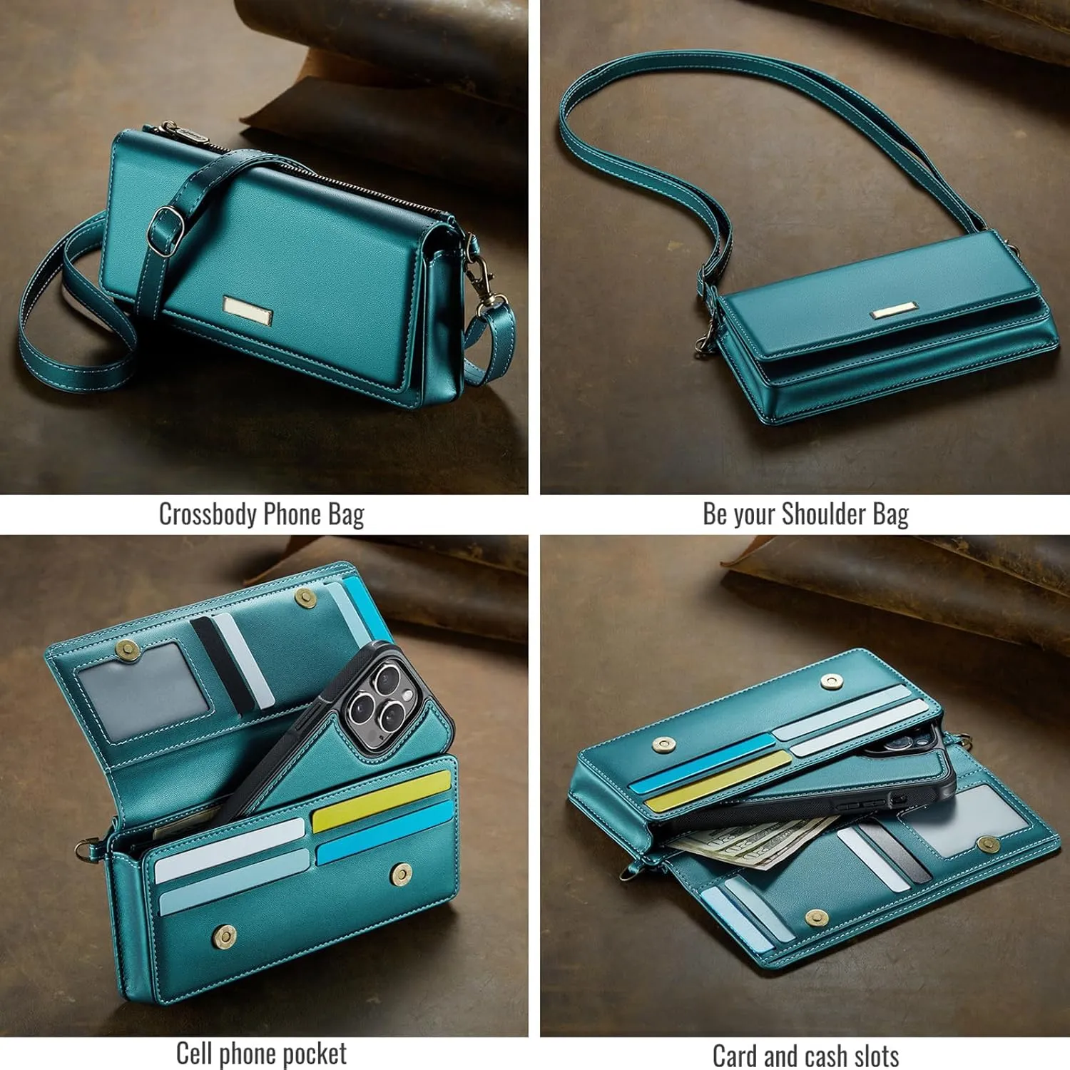 Dteck PU Leather Small Crossbody Bag with Shoulder Strap/Wrist Strap Lanyard for 4.7" to 6.7" Cell Phones, 8 Card Slots, RFID Blocking, Zipper Pocket, Magnetic Snap Closure, Purse for Women, Green