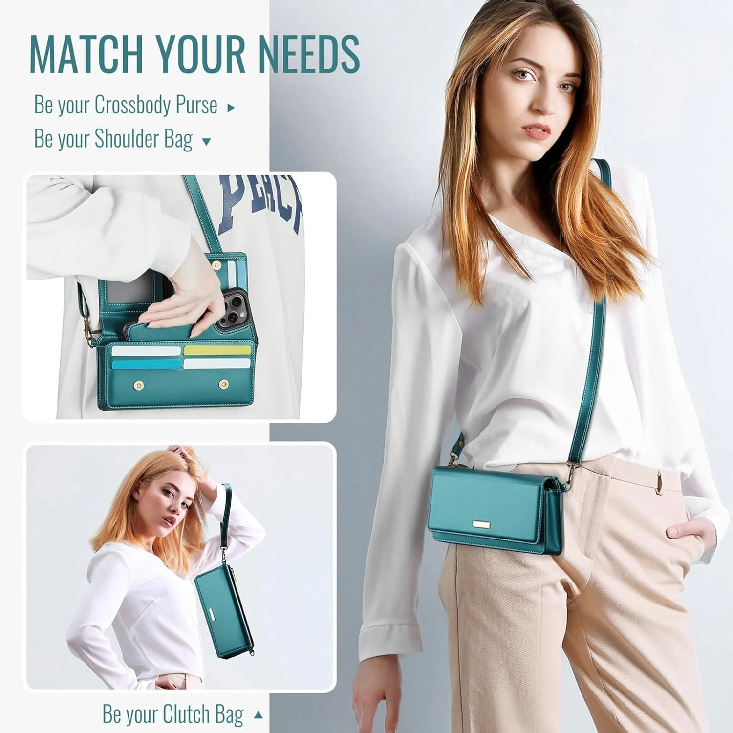 Dteck PU Leather Small Crossbody Bag with Shoulder Strap/Wrist Strap Lanyard for 4.7" to 6.7" Cell Phones, 8 Card Slots, RFID Blocking, Zipper Pocket, Magnetic Snap Closure, Purse for Women, Green