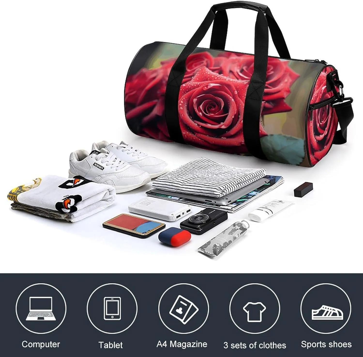 Duffel Bag for Men Women Gym Bag Beautiful Red Rose Travel Duffel Bag Waterproof Overnight Bag for Sports Workout