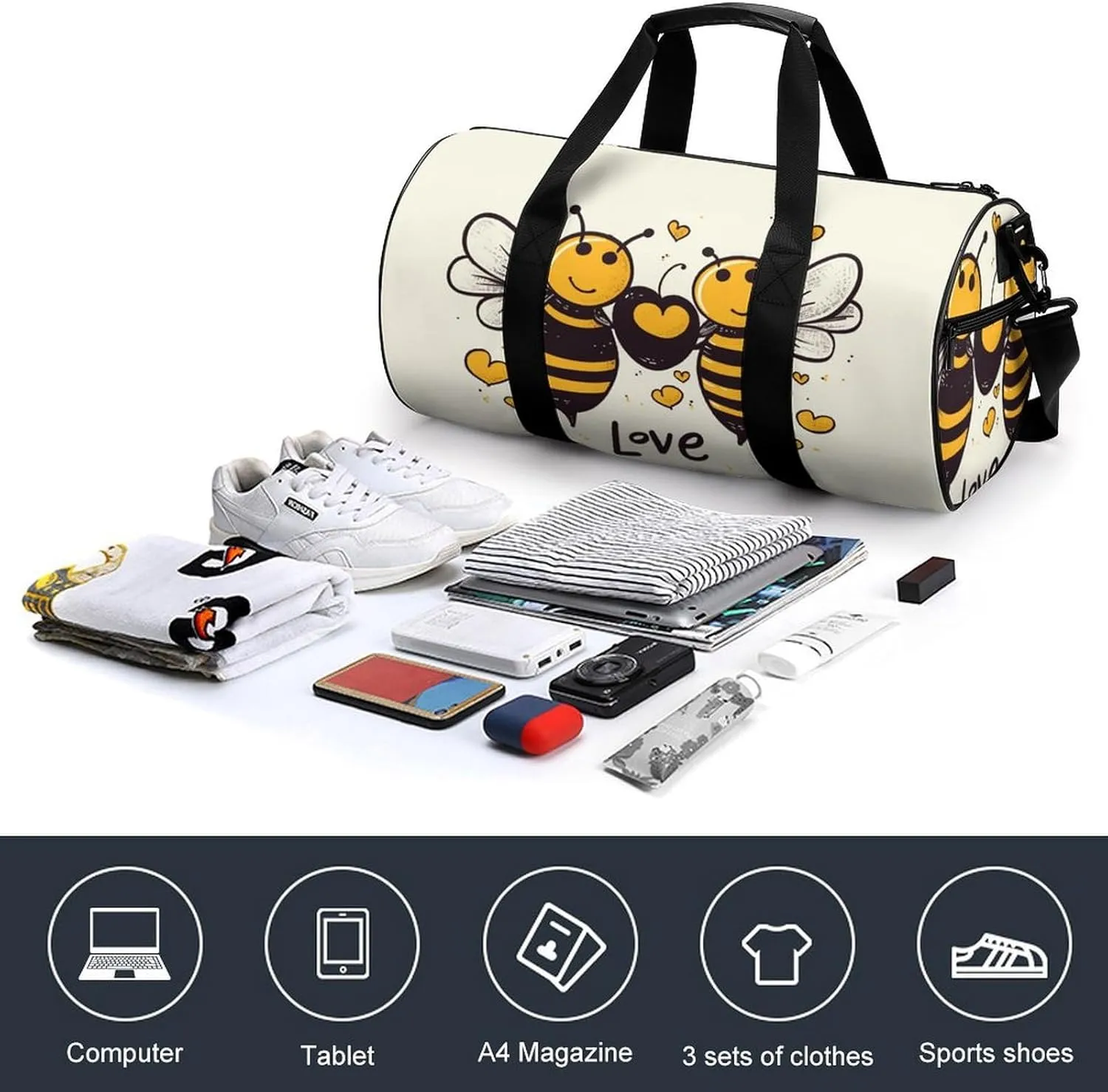 Duffel Bag for Men Women Gym Bag Bee Love Honeys Travel Duffel Bag Waterproof Overnight Bag for Sports Workout
