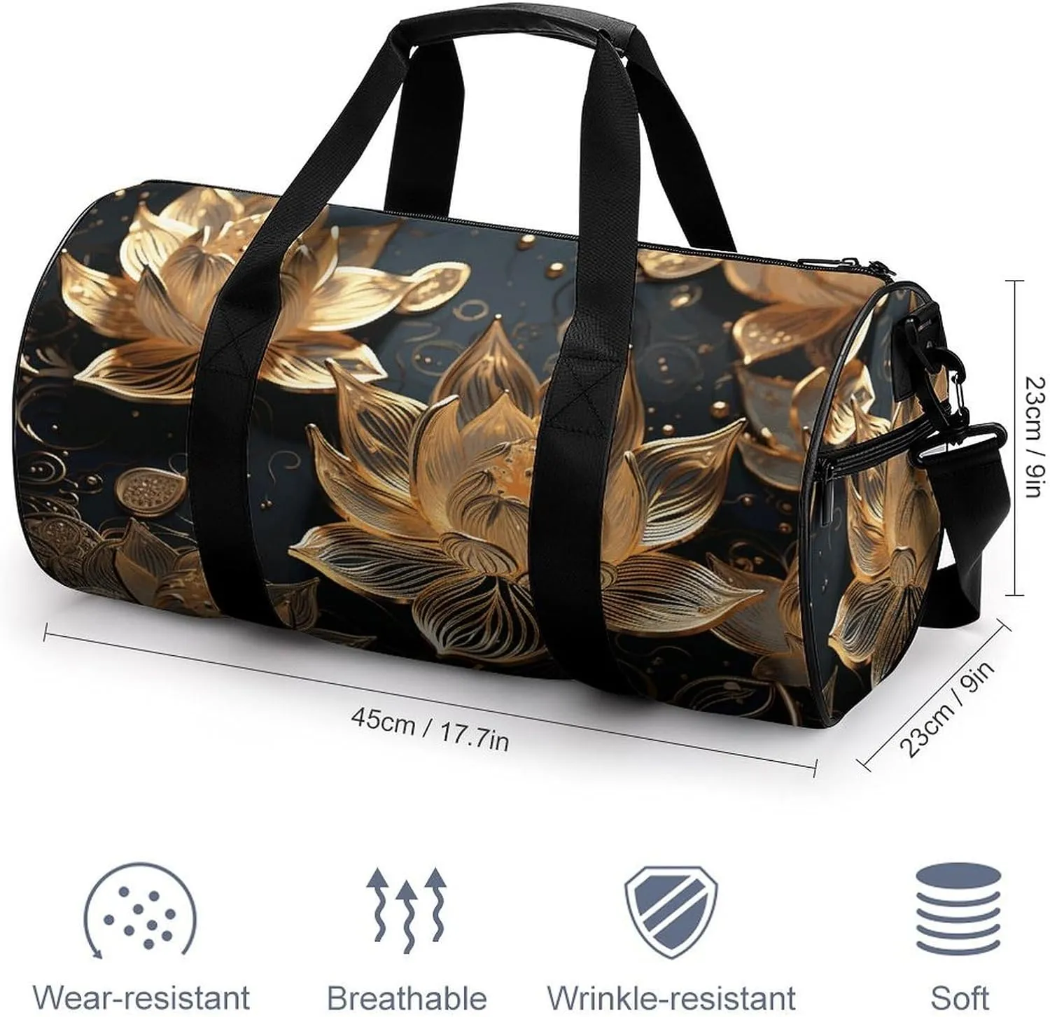 Duffel Bag for Men Women Gym Bag Boho Gold Flowers Travel Duffel Bag Waterproof Overnight Bag for Sports Workout