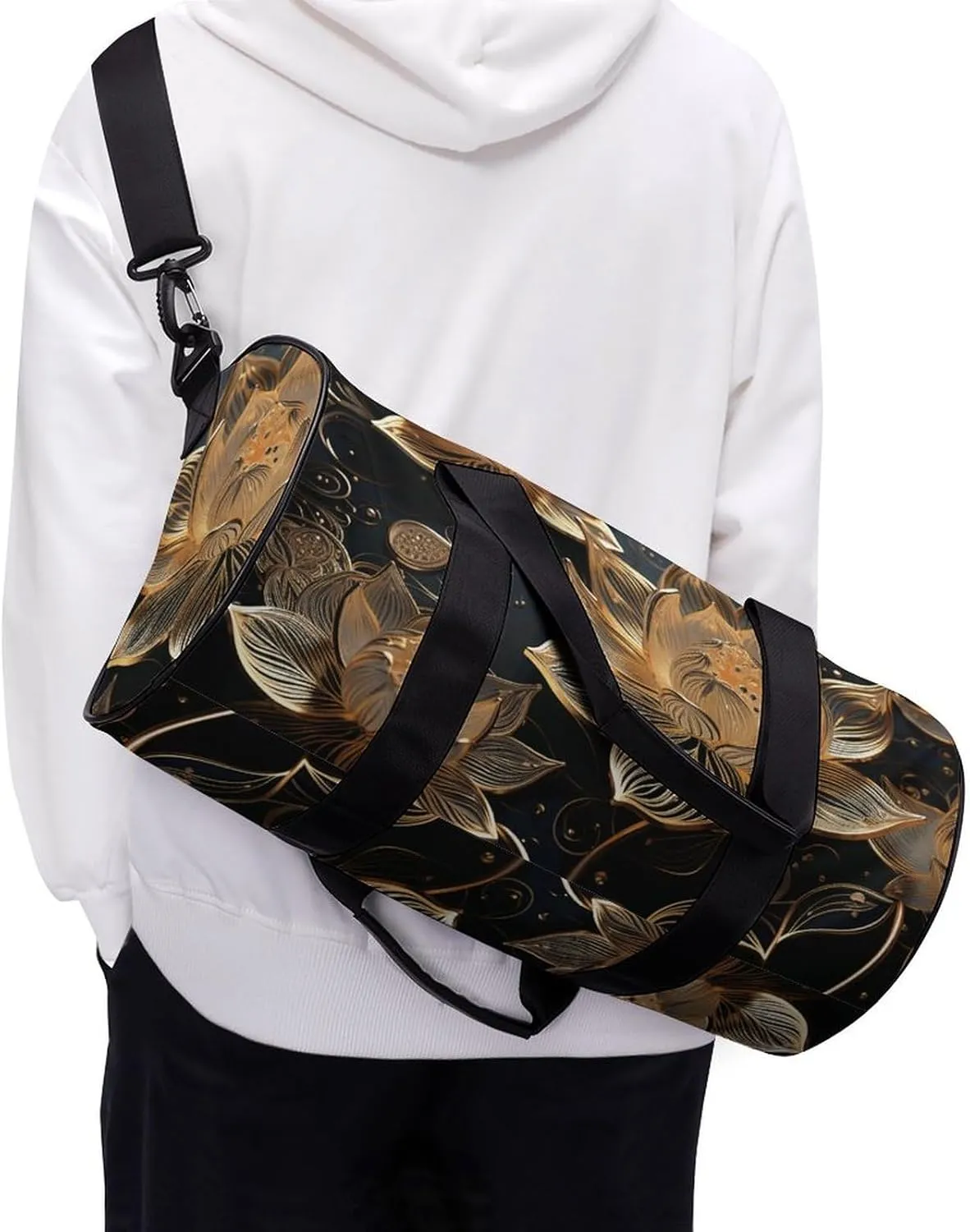 Duffel Bag for Men Women Gym Bag Boho Gold Flowers Travel Duffel Bag Waterproof Overnight Bag for Sports Workout