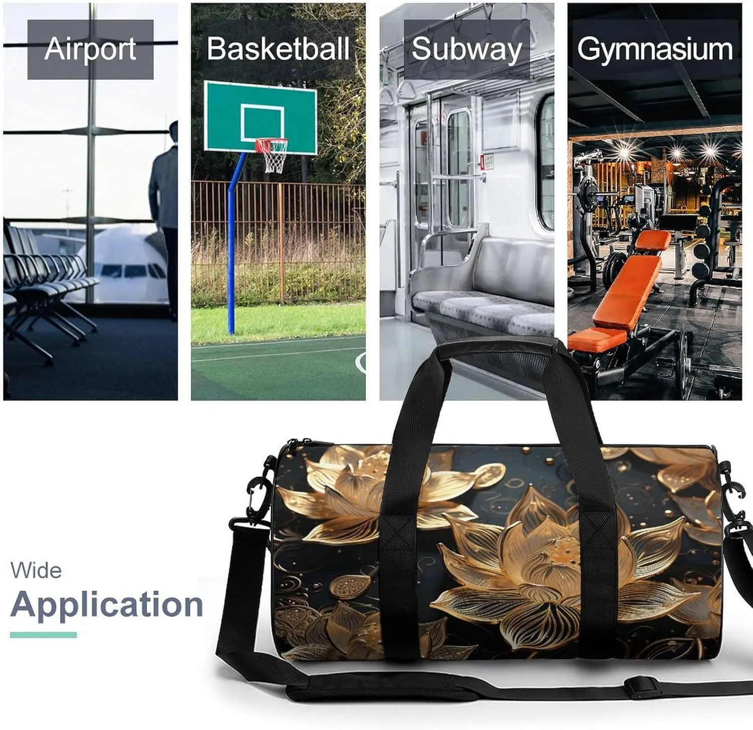 Duffel Bag for Men Women Gym Bag Boho Gold Flowers Travel Duffel Bag Waterproof Overnight Bag for Sports Workout