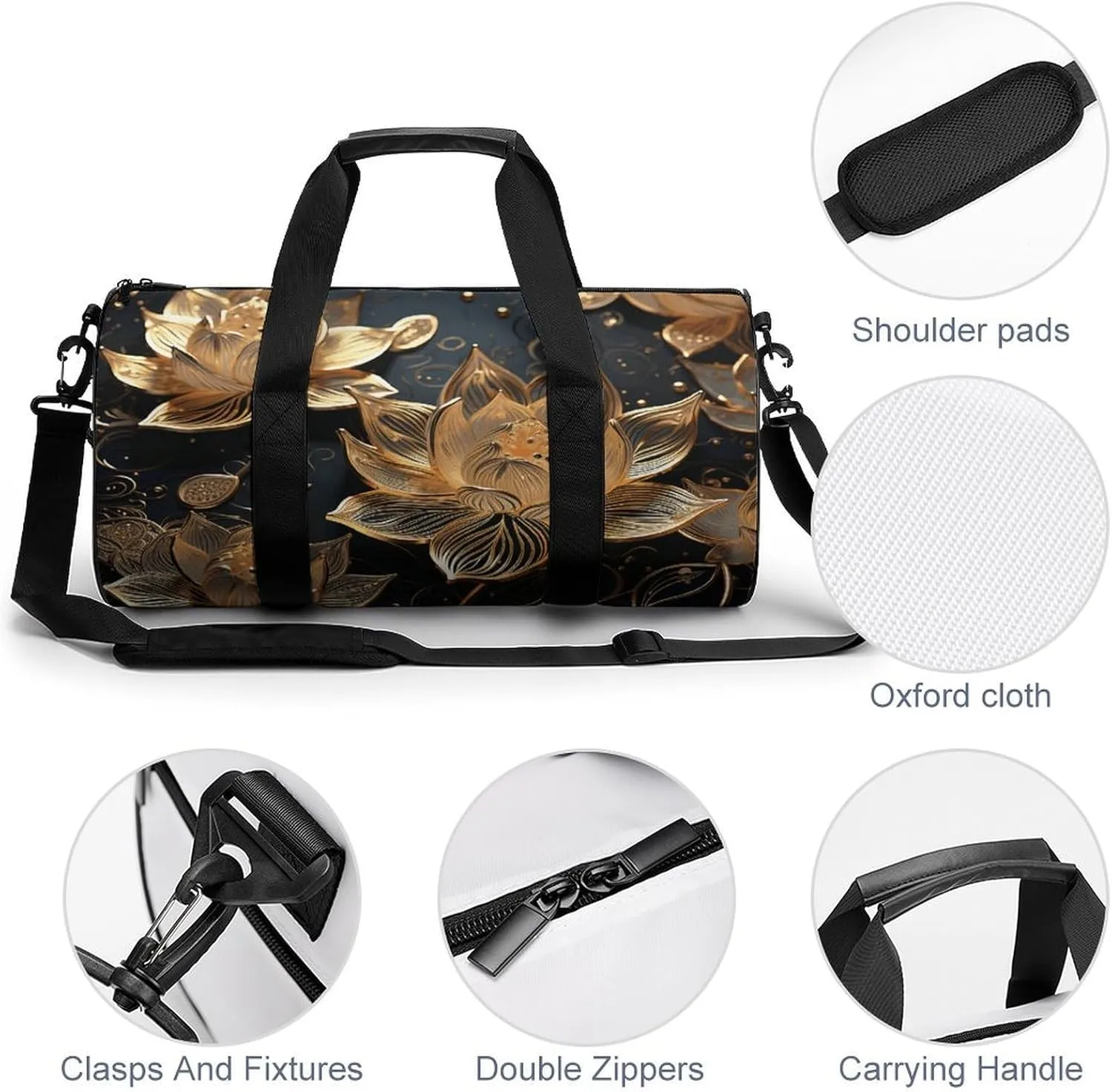 Duffel Bag for Men Women Gym Bag Boho Gold Flowers Travel Duffel Bag Waterproof Overnight Bag for Sports Workout