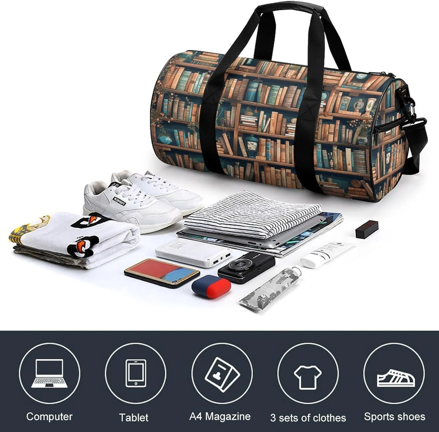 Duffel Bag for Men Women Gym Bag Cartoon Bookshelf Bookworm Travel Duffel Bag Waterproof Overnight Bag for Sports Workout