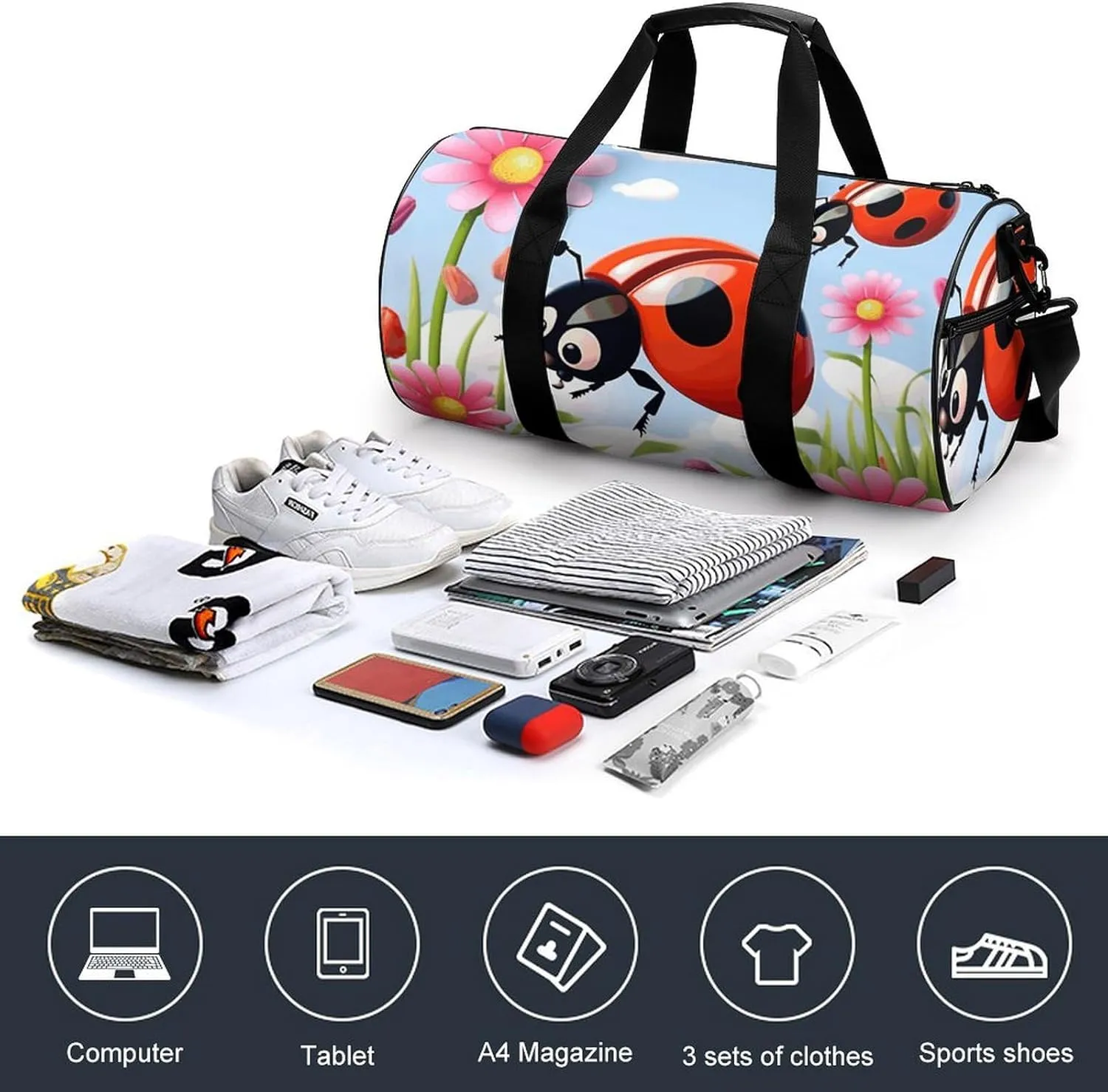Duffel Bag for Men Women Gym Bag Cartoon Ladybug Flower Travel Duffel Bag Waterproof Overnight Bag for Sports Workout