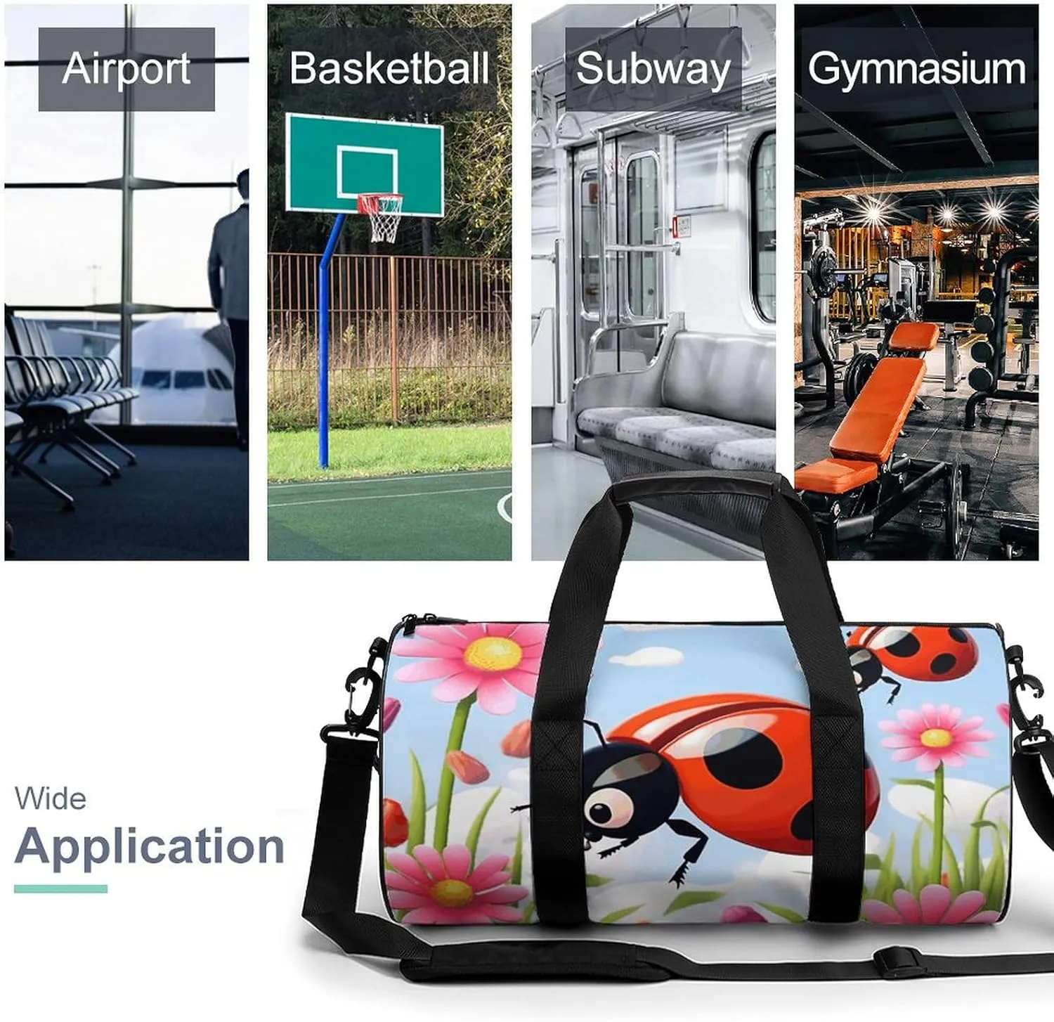 Duffel Bag for Men Women Gym Bag Cartoon Ladybug Flower Travel Duffel Bag Waterproof Overnight Bag for Sports Workout