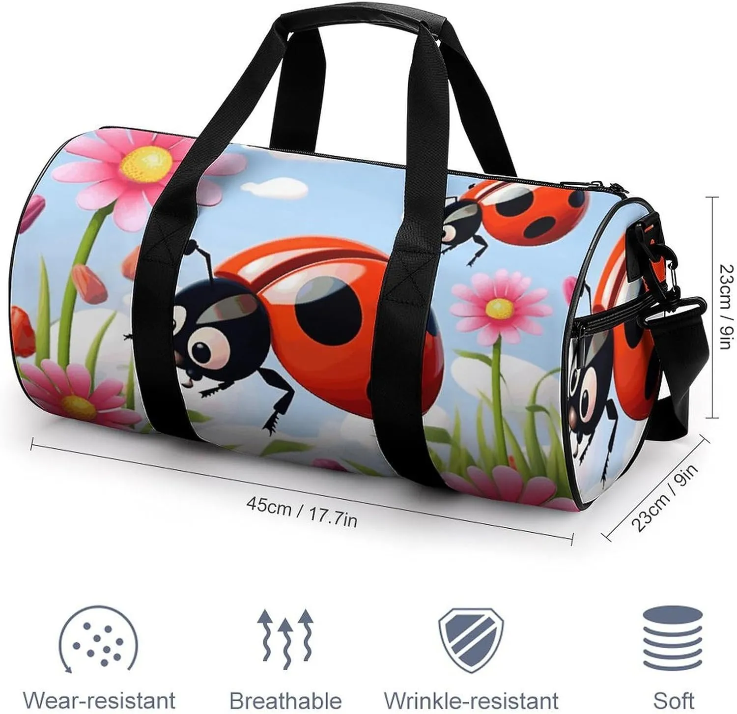 Duffel Bag for Men Women Gym Bag Cartoon Ladybug Flower Travel Duffel Bag Waterproof Overnight Bag for Sports Workout