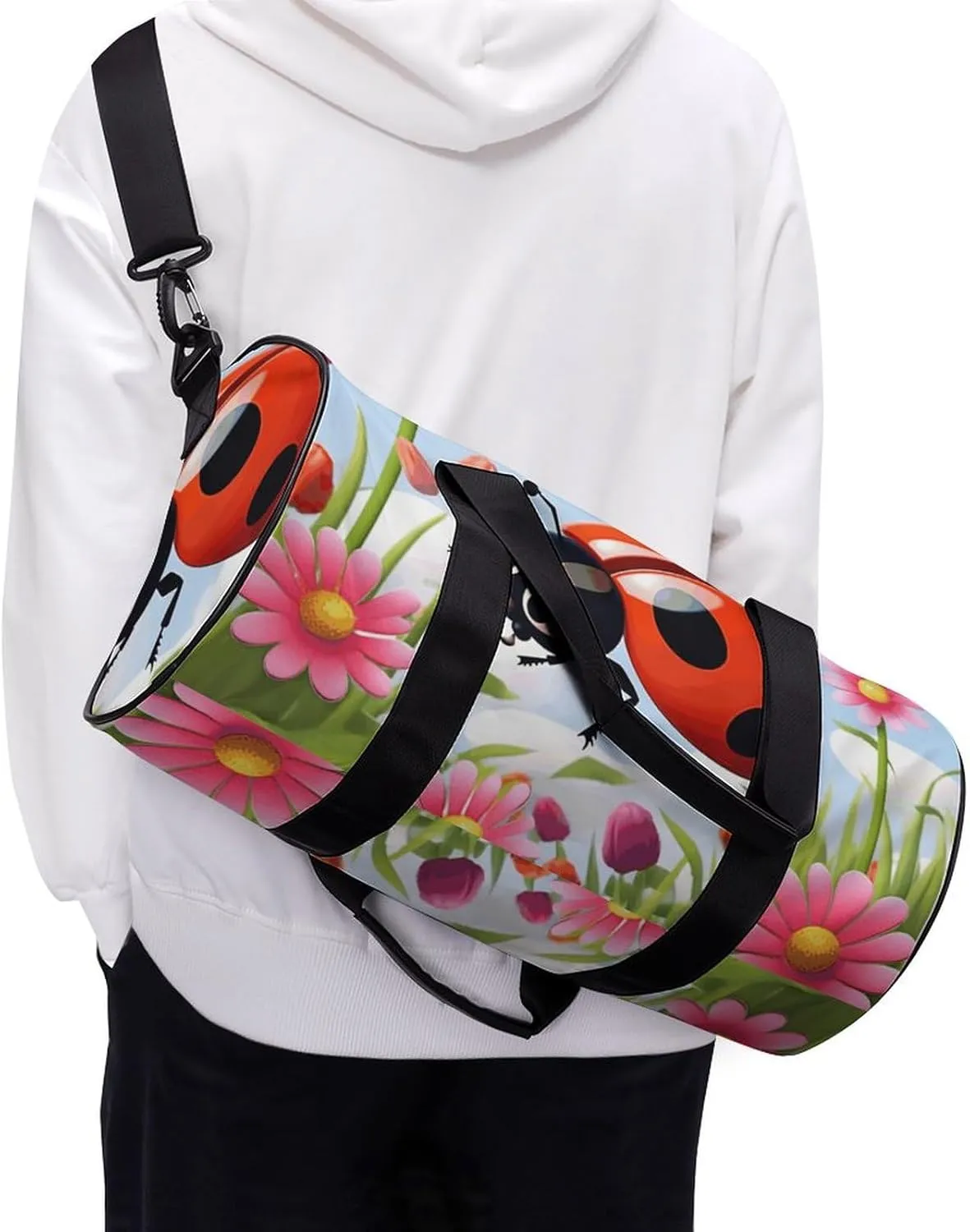 Duffel Bag for Men Women Gym Bag Cartoon Ladybug Flower Travel Duffel Bag Waterproof Overnight Bag for Sports Workout
