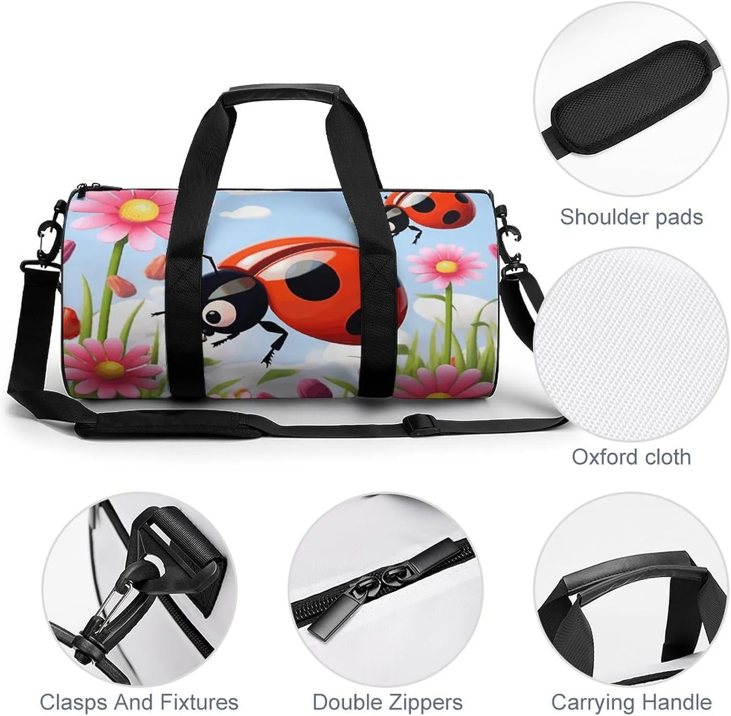 Duffel Bag for Men Women Gym Bag Cartoon Ladybug Flower Travel Duffel Bag Waterproof Overnight Bag for Sports Workout