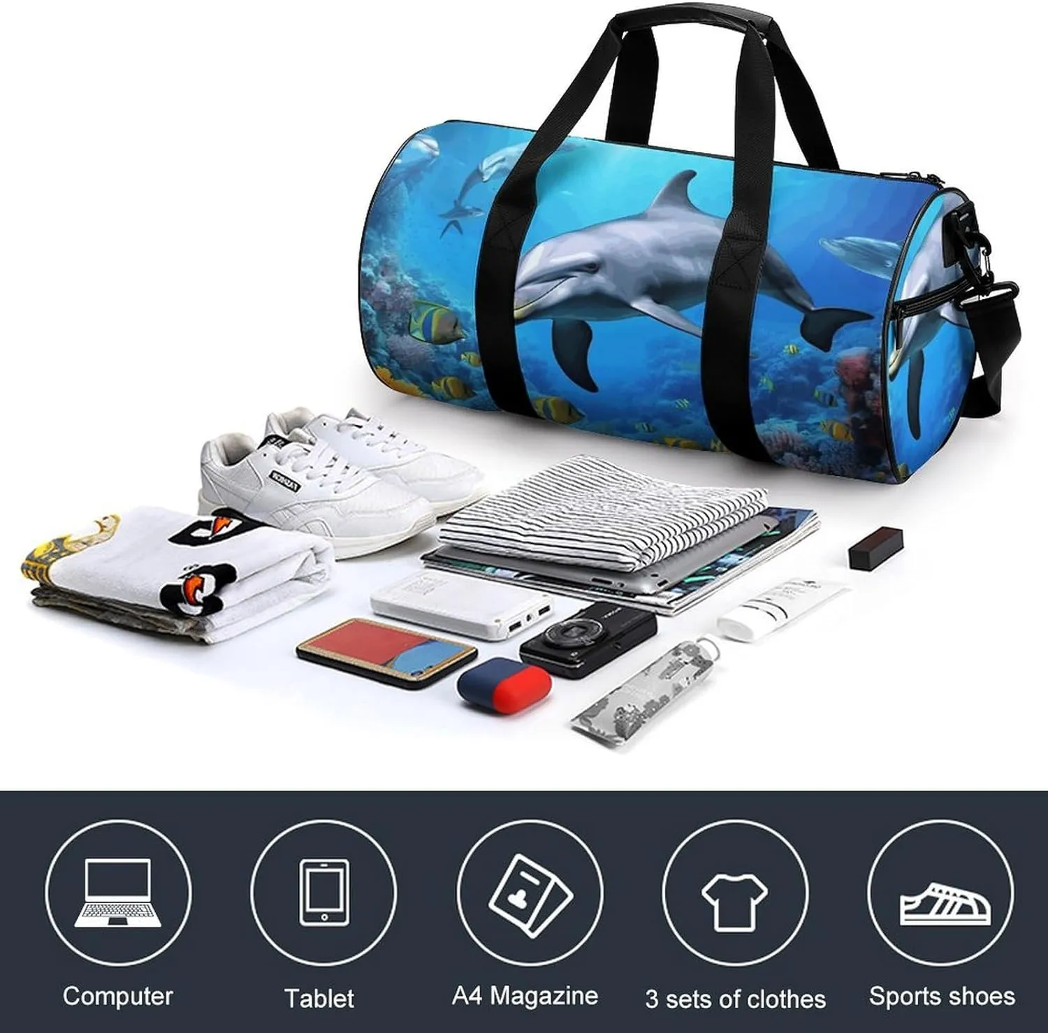 Duffel Bag for Men Women Gym Bag Dolphin in The Coral Reef Travel Duffel Bag Waterproof Overnight Bag for Sports Workout