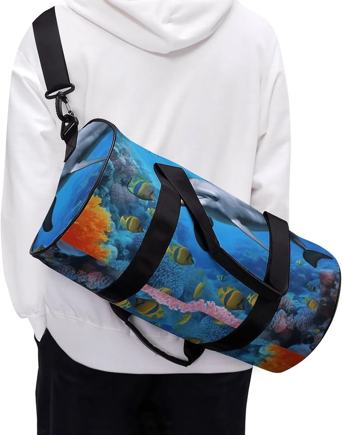 Duffel Bag for Men Women Gym Bag Dolphin in The Coral Reef Travel Duffel Bag Waterproof Overnight Bag for Sports Workout