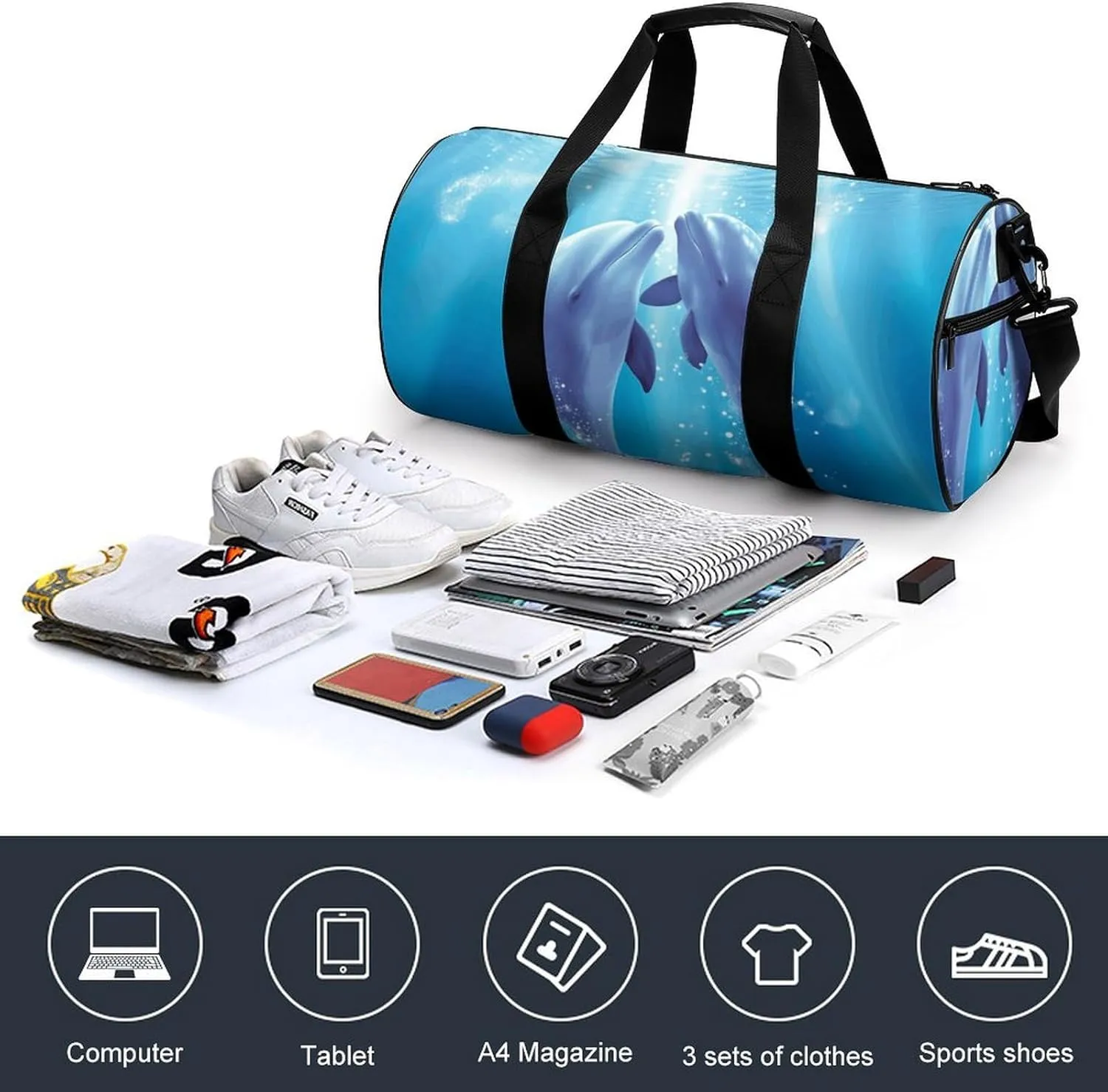 Duffel Bag for Men Women Gym Bag Dolphins in Love Travel Duffel Bag Waterproof Overnight Bag for Sports Workout