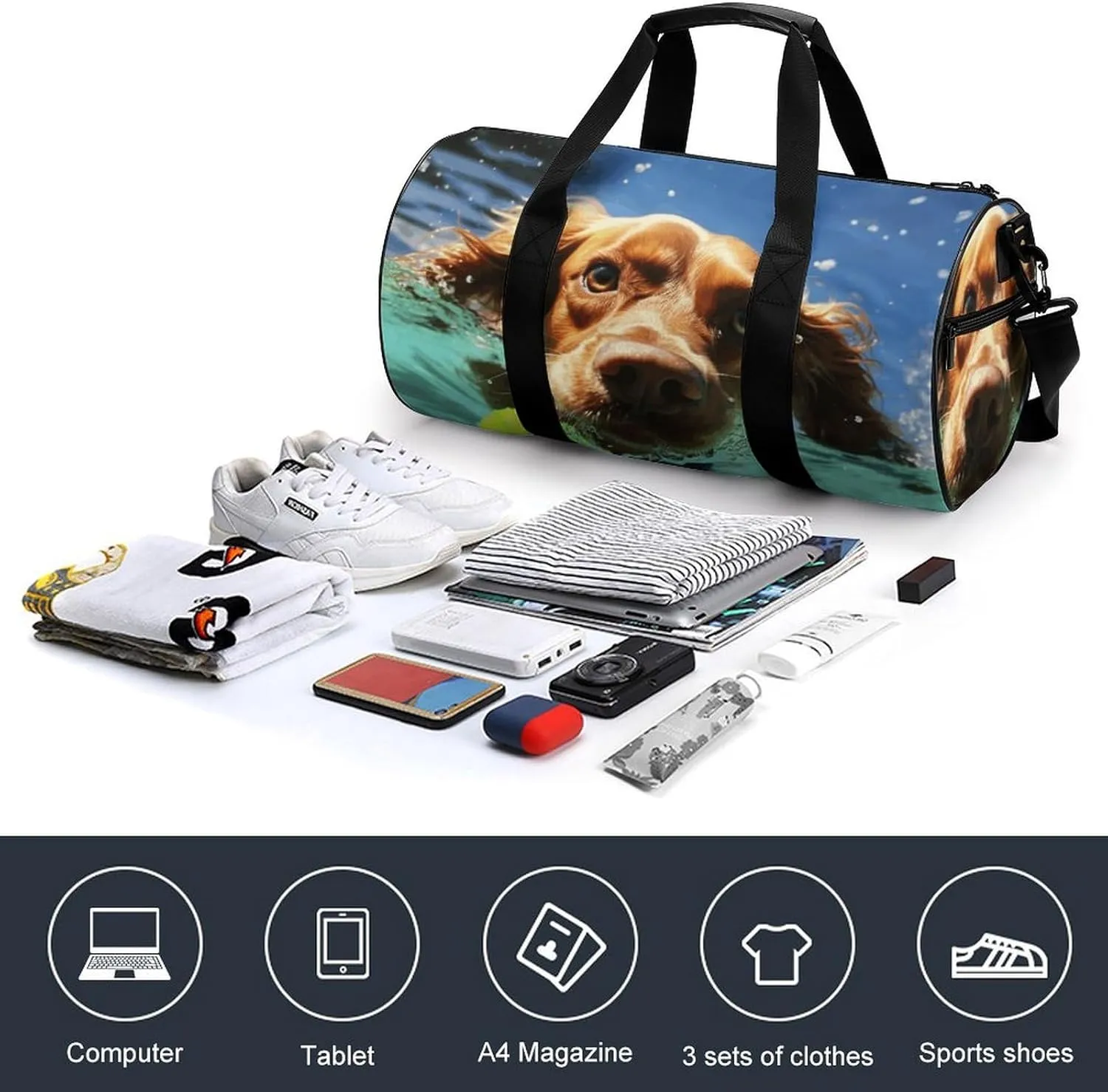 Duffel Bag for Men Women Gym Bag Funny Swimming Dog Travel Duffel Bag Waterproof Overnight Bag for Sports Workout