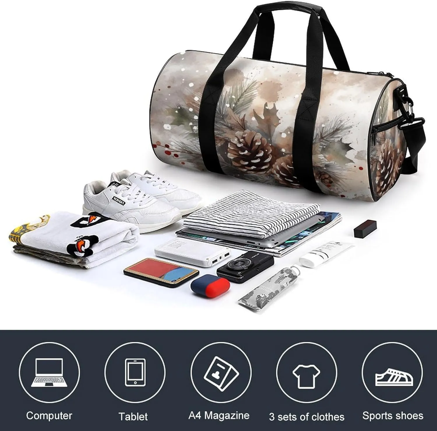 Duffel Bag for Men Women Gym Bag Hand Drawn Holly Branches Travel Duffel Bag Waterproof Overnight Bag for Sports Workout