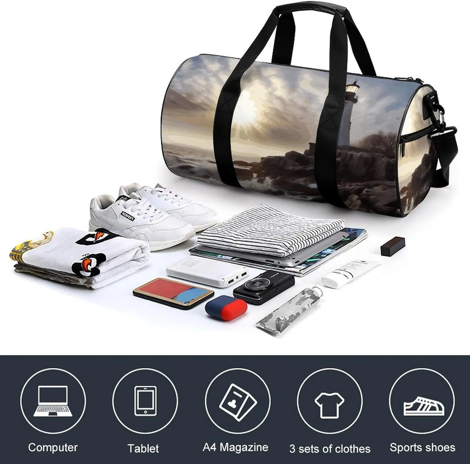 Duffel Bag for Men Women Gym Bag Lighthouse Rocks Seaside Travel Duffel Bag Waterproof Overnight Bag for Sports Workout