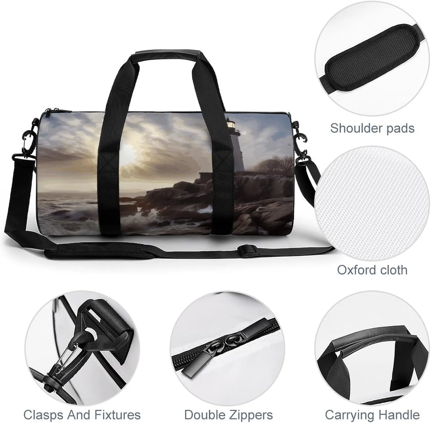 Duffel Bag for Men Women Gym Bag Lighthouse Rocks Seaside Travel Duffel Bag Waterproof Overnight Bag for Sports Workout