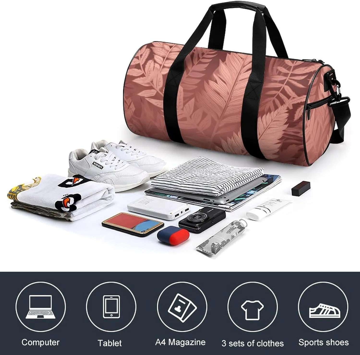 Duffel Bag for Men Women Gym Bag Peach Fern Leaves Travel Duffel Bag Waterproof Overnight Bag for Sports Workout