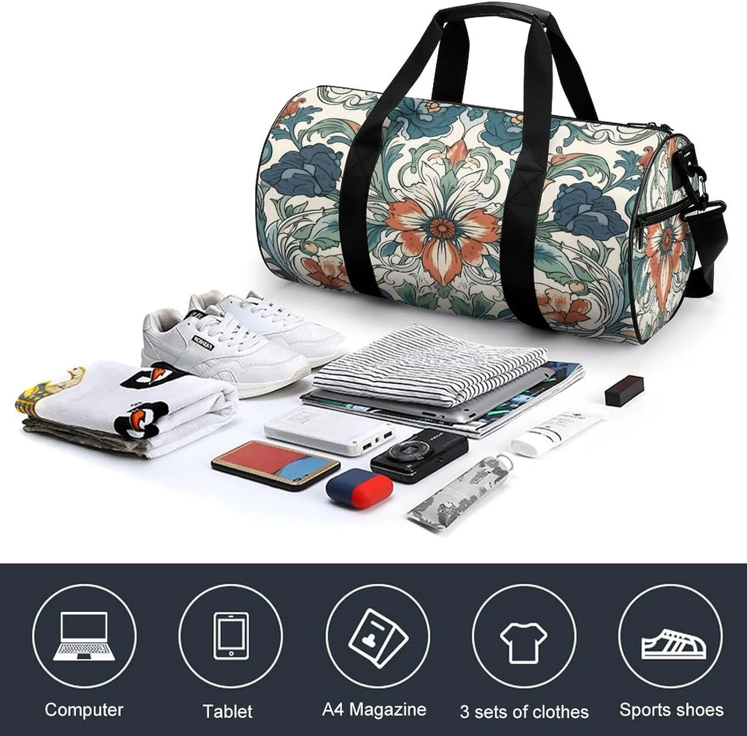 Duffel Bag for Men Women Gym Bag Retro Floral Pattern Travel Duffel Bag Waterproof Overnight Bag for Sports Workout