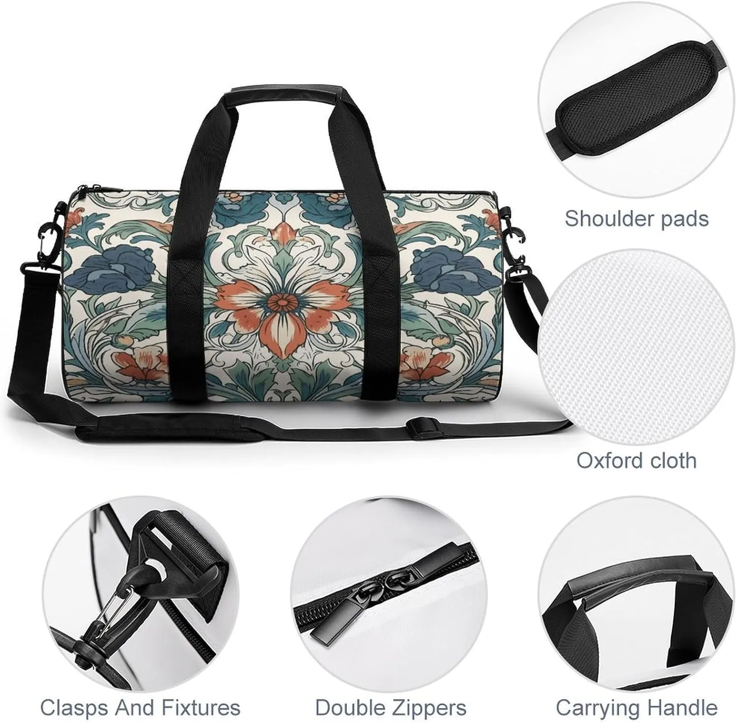 Duffel Bag for Men Women Gym Bag Retro Floral Pattern Travel Duffel Bag Waterproof Overnight Bag for Sports Workout