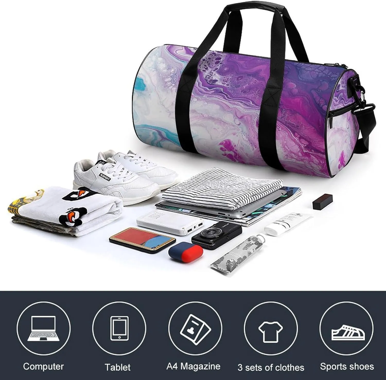 Duffel Bag for Men Women Gym Bag White Swirling Liquid Travel Duffel Bag Waterproof Overnight Bag for Sports Workout
