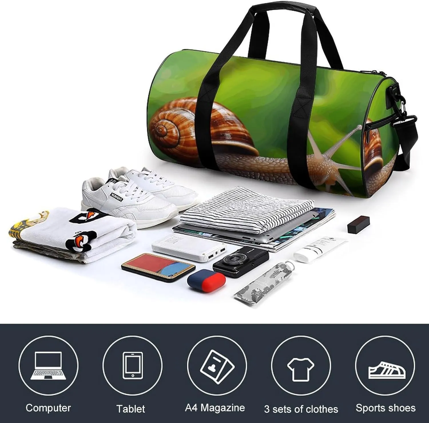Duffel Bag for Men Women Gym Bag Wildlife Animal Snail Travel Duffel Bag Waterproof Overnight Bag for Sports Workout