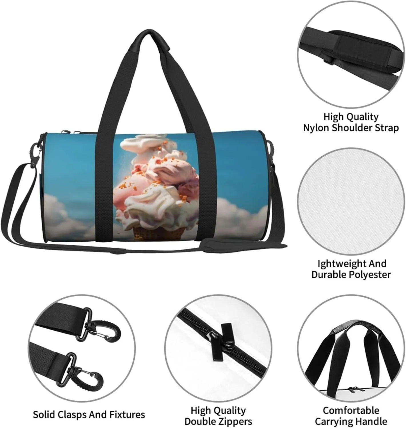 Duffel Bag for Men Women Small Gym Bag Cloudy Ice Cream Travel Duffel Bag Waterproof Overnight Bag for Sports Workout