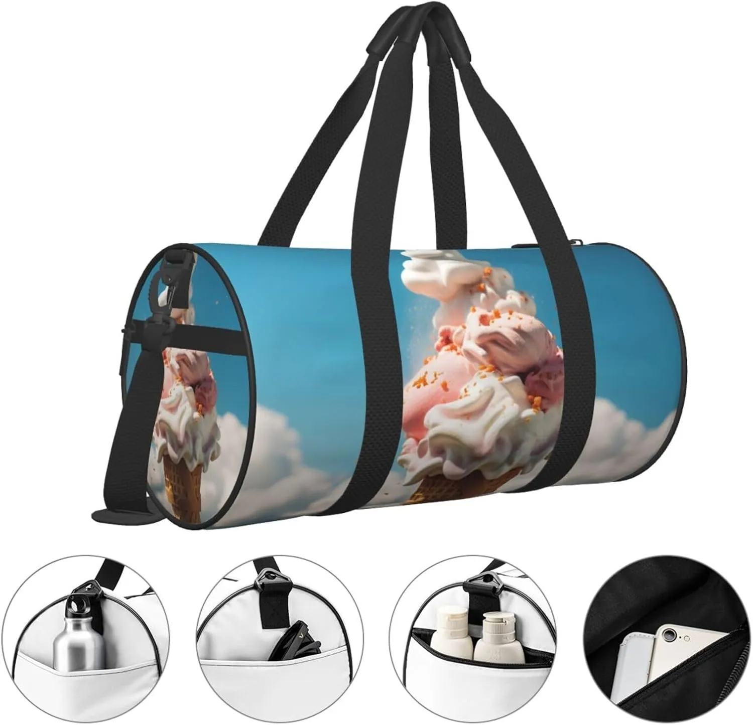 Duffel Bag for Men Women Small Gym Bag Cloudy Ice Cream Travel Duffel Bag Waterproof Overnight Bag for Sports Workout