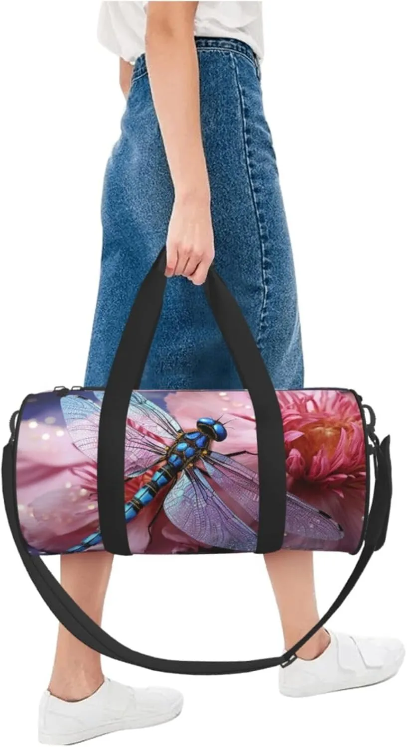Duffel Bag for Men Women Small Gym Bag Pink flower blue dragonfly Travel Duffel Bag Waterproof Overnight Bag for Sports Workout