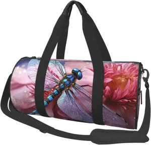 Duffel Bag for Men Women Small Gym Bag Pink flower blue dragonfly Travel Duffel Bag Waterproof Overnight Bag for Sports Workout