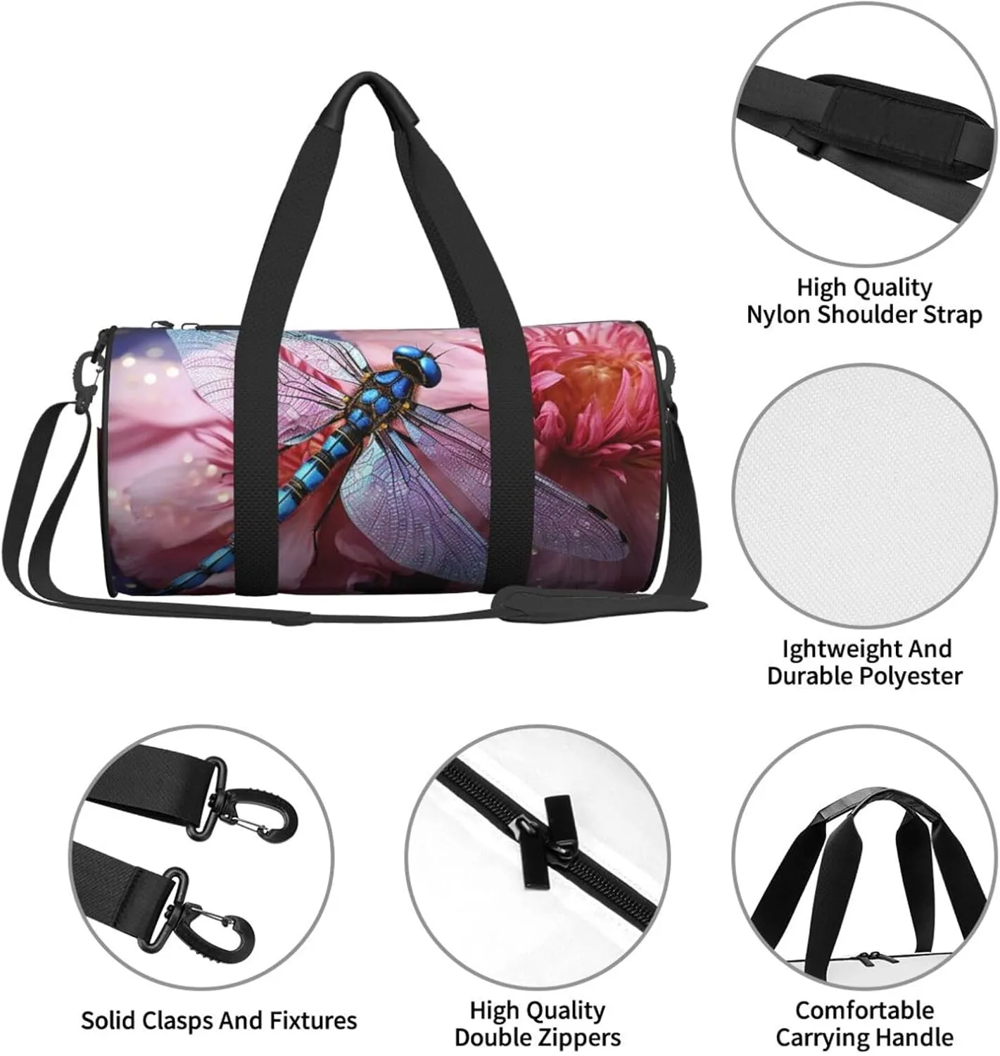 Duffel Bag for Men Women Small Gym Bag Pink flower blue dragonfly Travel Duffel Bag Waterproof Overnight Bag for Sports Workout