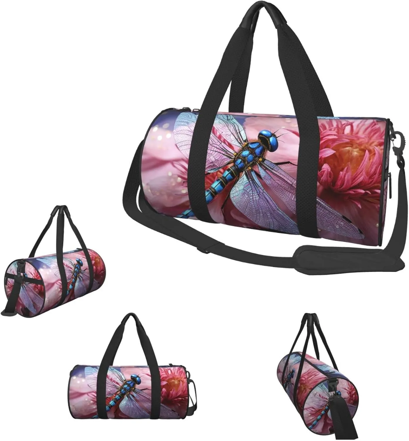 Duffel Bag for Men Women Small Gym Bag Pink flower blue dragonfly Travel Duffel Bag Waterproof Overnight Bag for Sports Workout