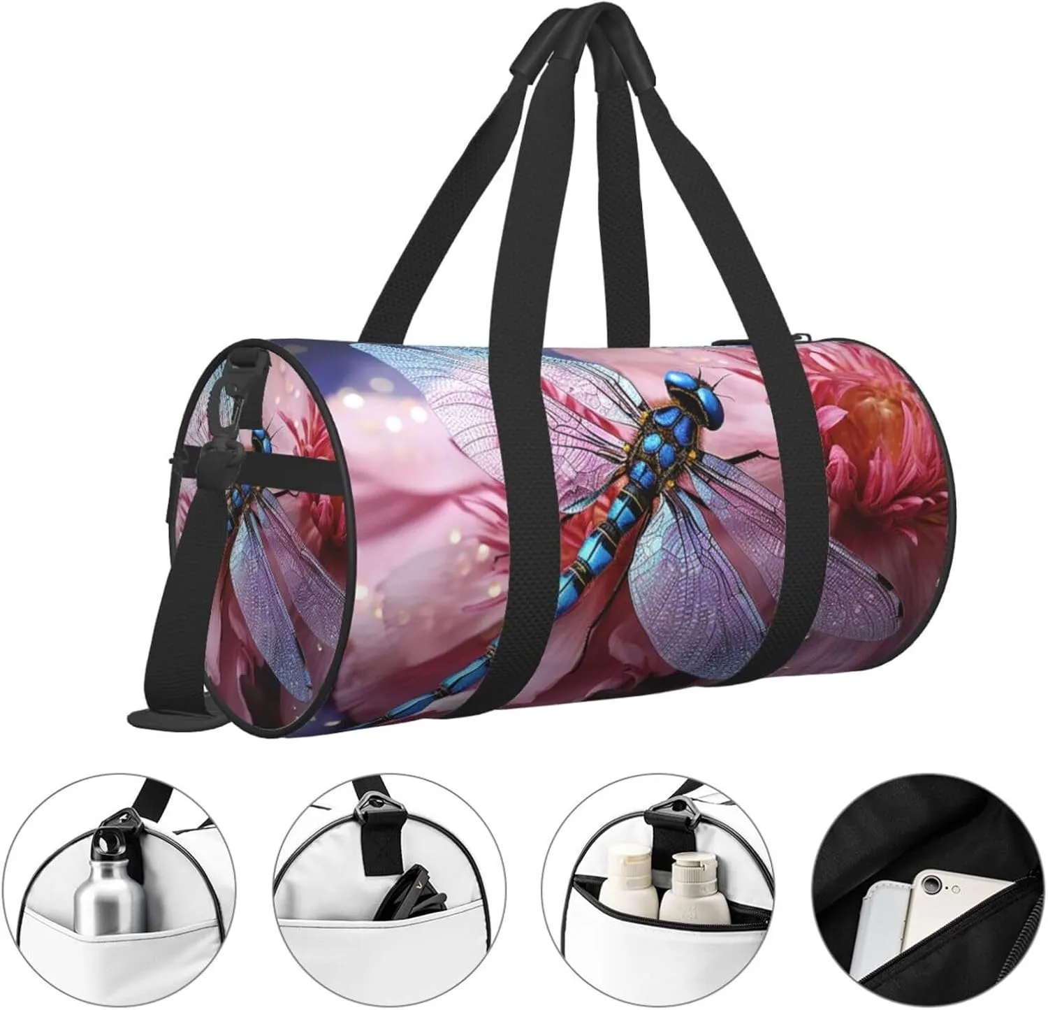 Duffel Bag for Men Women Small Gym Bag Pink flower blue dragonfly Travel Duffel Bag Waterproof Overnight Bag for Sports Workout