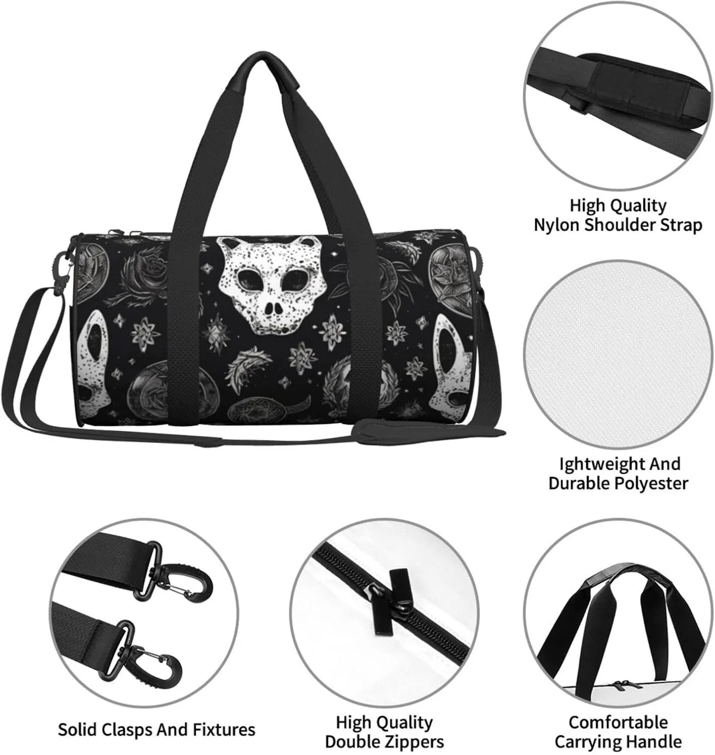 Duffel Bag for Men Women Small Gym Bag Skull Cat Moon Gothic Travel Duffel Bag Waterproof Overnight Bag for Sports Workout
