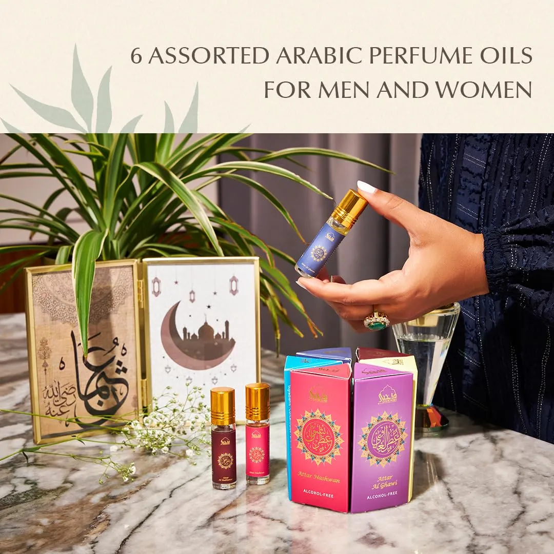 Dukhni Yemeni Attar Oil Set Arabian Perfume Oils, 6 Assorted scents x 6ml, Mini roll ons, Arabic Oud Fragrance Oil, Authentic, Alcohol Free, Vegan, Collection Set for Gifting