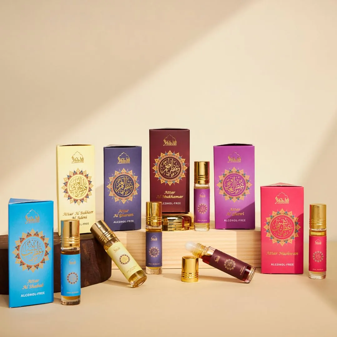 Dukhni Yemeni Attar Oil Set Arabian Perfume Oils, 6 Assorted scents x 6ml, Mini roll ons, Arabic Oud Fragrance Oil, Authentic, Alcohol Free, Vegan, Collection Set for Gifting