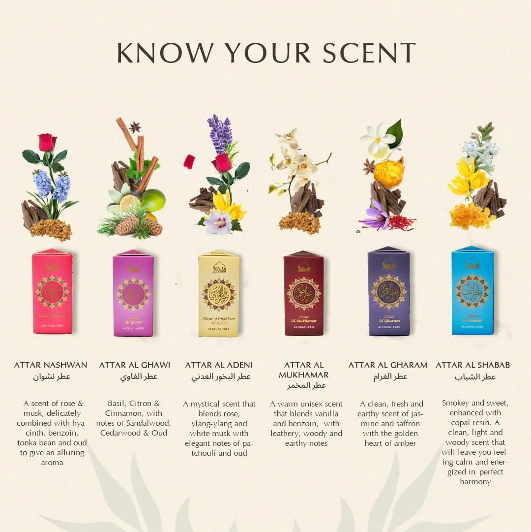 Dukhni Yemeni Attar Oil Set Arabian Perfume Oils, 6 Assorted scents x 6ml, Mini roll ons, Arabic Oud Fragrance Oil, Authentic, Alcohol Free, Vegan, Collection Set for Gifting