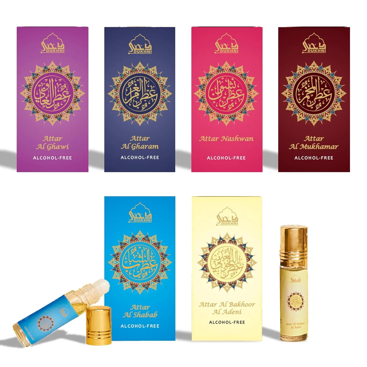 Dukhni Yemeni Attar Oil Set Arabian Perfume Oils, 6 Assorted scents x 6ml, Mini roll ons, Arabic Oud Fragrance Oil, Authentic, Alcohol Free, Vegan, Collection Set for Gifting