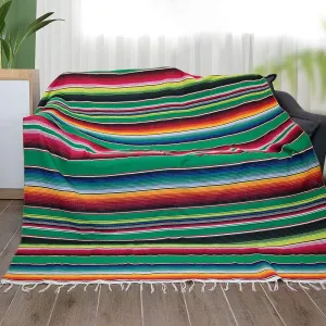 eccbox 84 x 59 Inch Mexican Tablecloth for Mexican Wedding Party Decorations, Large Square Fringe Cotton Mexican Serape Blanket Bright Colors Table Cover Table Cloth Picnic Mat (Green)